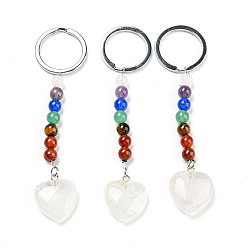 Quartz Crystal Natural Quartz Crystal Heart Pendant Keychain, with 7 Chakra Gemstone Beads and Platinum Tone Brass Findings, 10cm