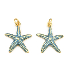 Deep-Sky-blau Messing Emaille-Anhänger, Seestern Charms, langlebig überzogen, Gestell, cadmiumfrei und bleifrei, golden, Deep-Sky-blau, 22x18x3 mm, Bohrung: 3.5 mm