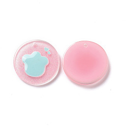 Pearl Pink Acrylic Pendants, with Enamel and Glitter Powder, Flat Round with Paw Print Pattern, Pearl Pink, 19.5x2mm, Hole: 1.5mm