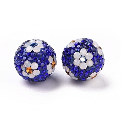 Sapphire Polymer Clay Rhinestone Beads, Pave Disco Ball Beads, Round with Flower, Sapphire, 16mm, Hole: 1.6~1.8mm