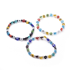 Mixed Color Handmade Evil Eye Lampwork Flat Round Beads Stretch Bracelets, with Faceted Rondelle Glass Beads, Mixed Color, 2 inch(5cm)