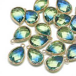Dodger Blue Glass Pendants, with Golden Tone Brass Findings, Faceted, teardrop, Dodger Blue, 23x15x7mm, Hole: 1.5~2mm
