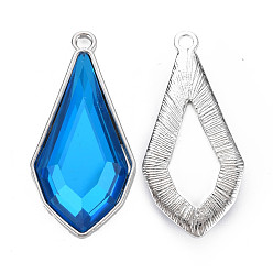 Deep Sky Blue Faceted Glass Pendants, with Alloy Open Back Settings, Teardrop, Cadmium Free & Lead Free, Light Gold, Deep Sky Blue, 45.5x22x5.5mm, Hole: 3mm