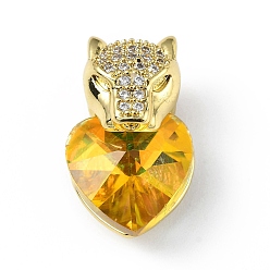 Gold Real 18K Gold Plated Rack Plating Brass Micro Pave Clear Cubic Zirconia Pendants, with Glass, Long-Lasting Plated, Cadmium Free & Lead Free, Leopard with Heart Charm, Gold, 20x12x10.5mm, Hole: 5x4mm