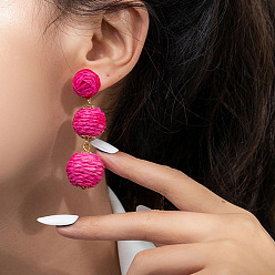 Hot Pink Rattan Round Bead Stud Earrings, with Metal Pins, Bohemia Style Long Drop Earrings for Women, Hot Pink, 60x19mm