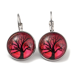 Crimson Tree of Life Glass Leverback Earrings with Brass Earring Pins, Crimson, 29mm