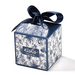 Marine Blue Wedding Theme Folding Gift Boxes, Square with Flower & Word Wishes A GIFT FOR YOU and Ribbon, for Candies Cookies Packaging, Marine Blue, 7x7x8.3cm