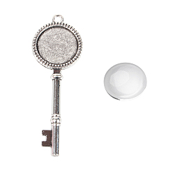 Antique Silver Pendant Making Sets, with Alloy Pendant Cabochon Settings and Glass Cabochons, Key, Antique Silver, Tray: 20mm, 70x25x3mm, Hole: 3mm, 19.5~20x5.5mm