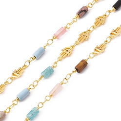 Mixed Stone Handmade Eco-friendly Brass Hamsa Hand Link Chain, with Cubic Zirconia and Natural Gemstone Column Beaded, Real 18K Gold Plated, Lead Free & Cadmium Free, Soldered, with Spool, 11x5x2mm, 14~14.5x3.5mm