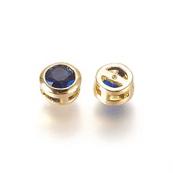 Blue Brass Cubic Zirconia Pendants, Multi-strand Links, Faceted, Flat Round, Golden, Blue, 5.5x3mm, Hole: 2x1mm