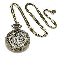 Antique Bronze Alloy Flat Round Pendant Necklace Pocket Watch, with Iron Chains and Lobster Claw Clasps, Quartz Watch, Antique Bronze, 31.5 inch, Watch Head: 61x47x16mm