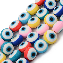 Deep Sky Blue Handmade Polymer Clay Beads Strands, for DIY Jewelry Crafts Supplies, Flat Round with Evil Eye, Deep Sky Blue, 12x8~9mm, Hole: 1.8mm, about 31~32pcs/strand, 14.57 inch(37cm)