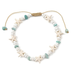 (404) Непрозрачное AB Кислое яблоко Браслеты на лодыжку для женщин из натурального амазонита, синтетической бирюзы и стеклянного бисера, украшенные стразами и морской звездой., цветочный белый, внутренний диаметр: 2.80~4.53 дюйм (7.1~11.5 см)