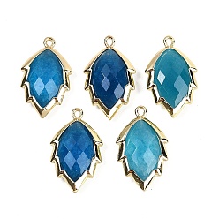 Нефрит Подвески из окрашенного натурального нефрита в форме листа, стойки обшивки латунные прелести, золотые, Плут синий, 23x13.5x5.5 мм, отверстие : 1.2 мм