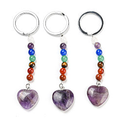 Amethyst Natural Amethyst Heart Pendant Keychain, with 7 Chakra Gemstone Beads and Platinum Tone Brass Findings, 10cm