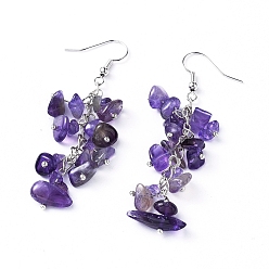 Amethyst Dangle Earrings, Cluster Earrings, with Natural Amethyst Chips and Platinum Plated Brass Earring Hooks, 60~63mm, Pin: 0.5mm