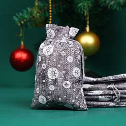 Dark Gray Christmas Theme Linenette Drawstring Bags, Rectangle with Snowflake Pattern, Dark Gray, 18x13cm