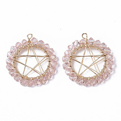 Pink Glass Pendants, Wire Wrapped Pendants, with Real 18K Gold Plated Brass Wires and Linking Rings, Nickel Free, Star, Pink, 26.5x24x3mm, Hole: 2.5mm