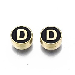 Letter D Alloy Enamel Beads, Cadmium Free & Lead Free, Light Gold, Flat Round with Alphabet, Black, Letter.D, 8x4mm, Hole: 1.5mm