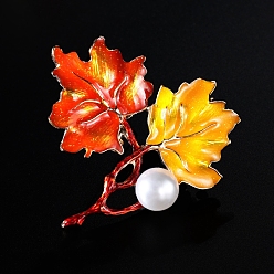 Gold Alloy Enamel Broochm, with Plastic Imitation Pearl, Leaf, Gold, 56x55mm