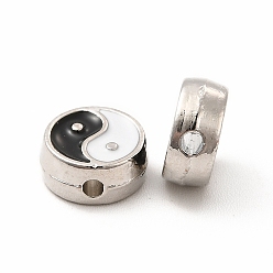 Platinum Alloy Enamel Beads, Flat Round with Yin Yang, Platinum, 8.5x3.5mm, Hole: 1mm