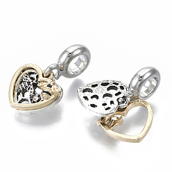 Antique Silver & Golden Alloy European Dangle Charms, with Crystal Rhinestone, Large Hole Pendants, Heart with Bee, Antique Silver & Golden, 22mm, Hole: 5mm, Heart: 12x12x3mm