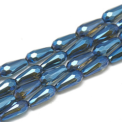 Dodger Blue Electroplate Glass Beads Strands, Faceted Teardrop, Dodger Blue, 9~9.5x4mm, Hole: 1mm, about 72pcs/strand, 25.98 inch