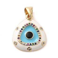 Floral White Real 18K Gold Plated Brass Clear Cubic Zirconia Pendants, with Enamel, Triangle with Evil Eye, Floral White, 18x15.5x3mm, Hole: 5x3.5mm