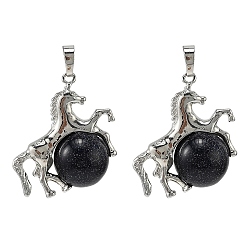 Синий Драгоценный Камень Синтетический синий авантюрин подвески, латунная лошадь с подвесками в виде шариков из драгоценных камней, стойки покрытие, платина, 33x35x16 мм, отверстие : 5x8 мм