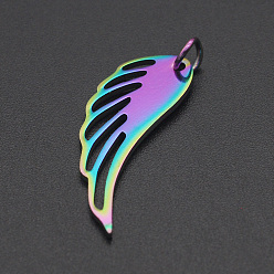 Rainbow Color Ion Plating(IP) 201 Stainless Steel Pendants, with Jump Ring, Wing, Laser Cut, Rainbow Color, 31x11x1mm, Hole: 3mm