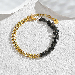 Obsidian Natural Obsidian Chips Beaded Bracelet, with Golden Stainless Steel Curb Chains, 6-1/4 inch(16cm)