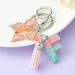 Letter F Resin & Acrylic Keychains, with Alloy Split Key Rings and Faux Suede Tassel Pendants, Letter & Butterfly, Letter F, 8.6cm