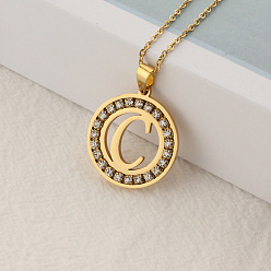 Letter C Crystal Rhinestone Initial Letter Pendant Necklace with Cable Chains, Stainless Steel Jewelry for Women, Golden, Letter.C, 15.75 inch(40cm)