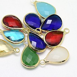 Mixed Color Golden Tone Brass Glass Teardrop Pendants, Mixed Color, 18x11x5mm, Hole: 2mm