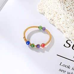 Colorful Dyed Natural Jade Round Braided Bead Style Finger Ring, Light Gold Brass Wire Wrap Cuff Ring, Colorful, Inner Diameter: 19mm