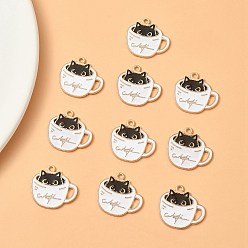 White Alloy Enamel Pendants, Light Gold, Cup with Cat Charm, White, 18.5x20x1mm, Hole: 1.5mm