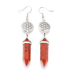 Red Jasper Pointed Bullet Natural Red Jasper Dangle Earrings, with Brass Earring Hooks and Flat Round with Flower of Life Links, Platinum, 77mm, Pin: 0.7mm