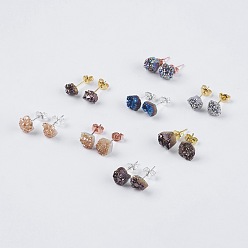 Mixed Color Brass Ear Stud Components, with Natural Druzy Agate, Nuggets, Mixed Color, 6~9x5~8.5x3~7mm, Pin: 0.7mm
