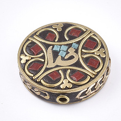 Red Handmade Indonesia Beads, with Brass Findings, Flat Round, Golden, Red, 30x28~29x7.5~8mm, Hole: 2mm