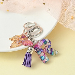 Letter R Resin Letter & Acrylic Butterfly Charms Keychain, Tassel Pendant Keychain with Alloy Keychain Clasp, Letter R, 9cm