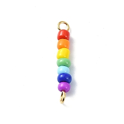Golden Chakra Glass Seed Beaded Connector Charms, Colorful Rondelle Glass Links with 304 Stainless Steel Double Loops, Golden, 21~22x3.5mm, Hole: 1.8~2mm