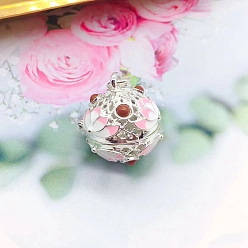 White Brass Enamel Hollow Bead Cage Pendants, Round with Lotus Flower Charm, for Chime Ball Pendant Necklaces Making, White, 18x15mm