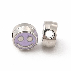 Lilac Rack Plating Alloy Enamel Beads, Cadmium Free & Nickel Free & Lead Free, Flat Round with Smiling Face Pattern, Platinum, Lilac, 7.5x4mm, Hole: 2mm