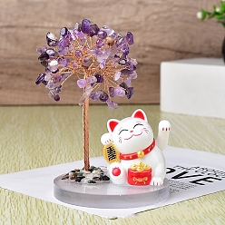 Amethyst Natural Amethyst Chips Tree of Life Decorations, Maneki Neko with Copper Wire Feng Shui Energy Stone Gift for Women Men Meditation, 120~130mm