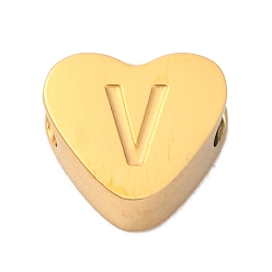 Letter V Ионное покрытие (IP) устойчиво к потускнению 304 шарики из нержавеющей стали, сердце с письмом, золотые, Буква V, 7x8x3 мм, отверстие : 2 мм