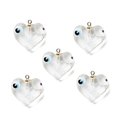 Clear Handmade Evil Eye Lampwork Pendants, with Light Gold Tone Brass Findings, Long-Lasting Plated, Lead Free & Cadmium Free, Heart Charm, Clear, 19x17.5~18.5x8.5~9mm, Hole: 1.4mm