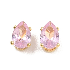 Pink Латунные подвески с кубическим цирконием, инкрустированные бриллиантами., слеза, стойки покрытие, долговечный, без свинца и без кадмия, граненые, золотые, розовые, 6x4x4 мм, отверстия : 1x2 mm и 1.5x2.5 мм