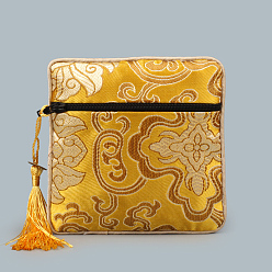 Goldenrod Chinese Style Square Cloth Zipper Pouches, with Random Color Tassels and Auspicious Clouds Pattern, Goldenrod, 12~13x12~13cm