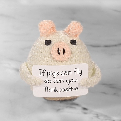 Old Lace Cute Funny Positive Pig Doll, Wool Knitting Doll with Positive Card, for Home Office Desk Decoration Gift, Old Lace, 60x70mm