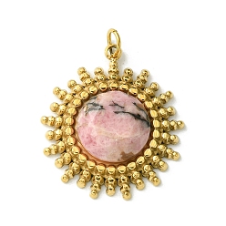 Rhodonite Ion Plating(IP) 304 Stainless Steel Pave Faceted Natural Rhodonite Pendants, Sun Charms, Real 14K Gold Plated, 22x19.5x5mm